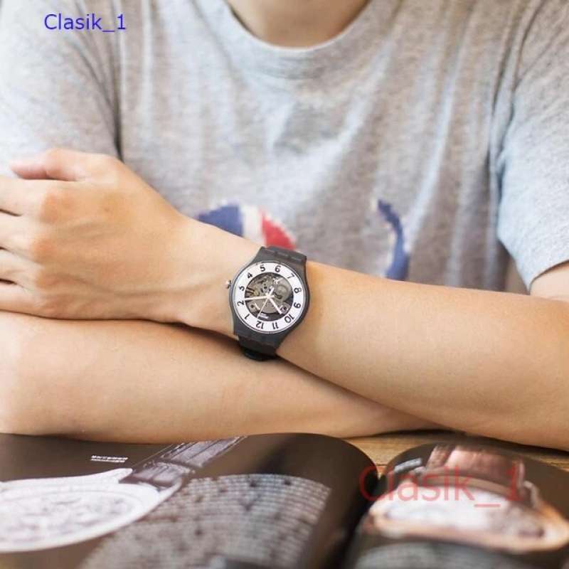 Original 100%!! Jam Tangan Pria Swatch Skeleton SUOB134 Black Garansi Resmi  Tahun