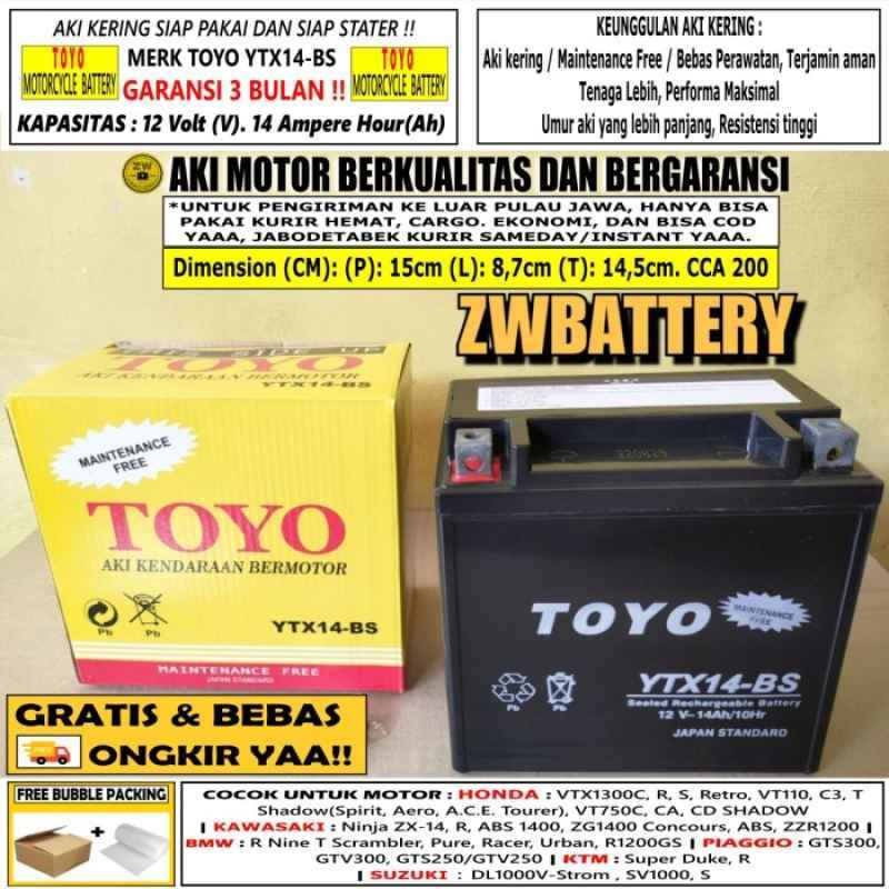 Promo Aki Motor Ytx14-bs 12 Volt 14 Ampere Aki Kering Mf Diskon 33% Di