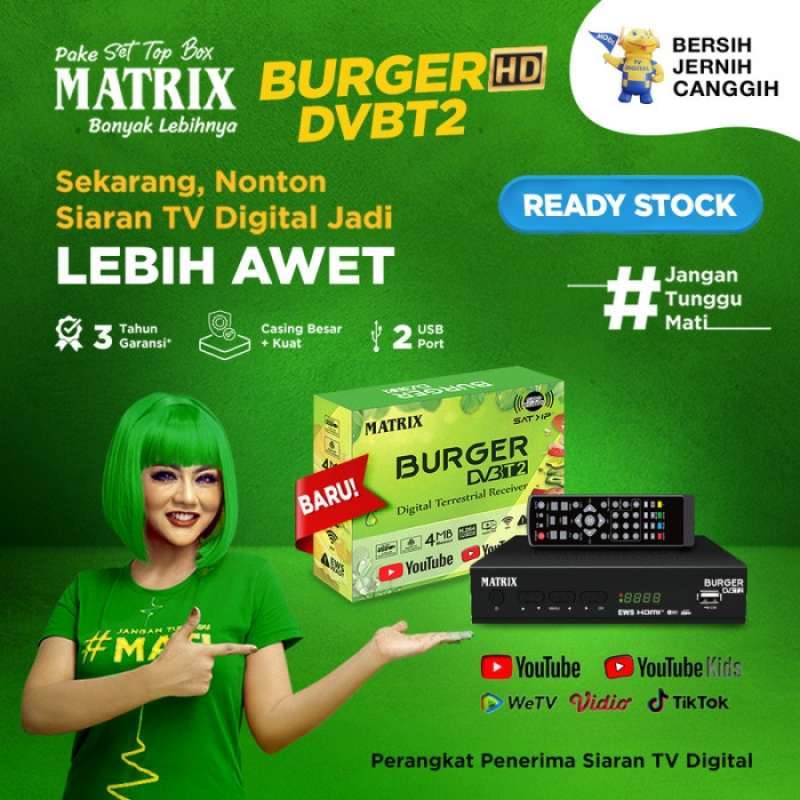 Promo SET TOP BOX DVBT2 RECEIVER MATRIX BURGER HIJAU HD BISA YOUTUBE