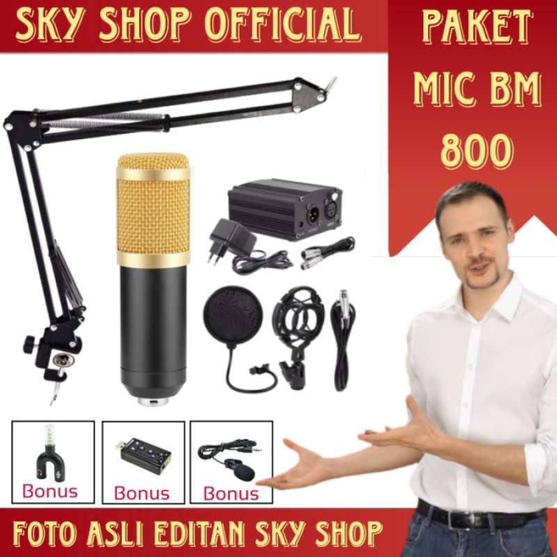 Promo mic bm 800 plus phantom power 48v & stand mic table original