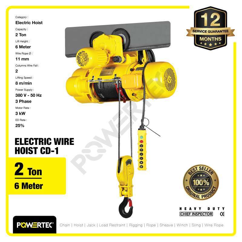 Jual Powertec Electric Wire Rope Hoist 2 Ton X 6 Meter 3 Phase Cd-1 Di ...