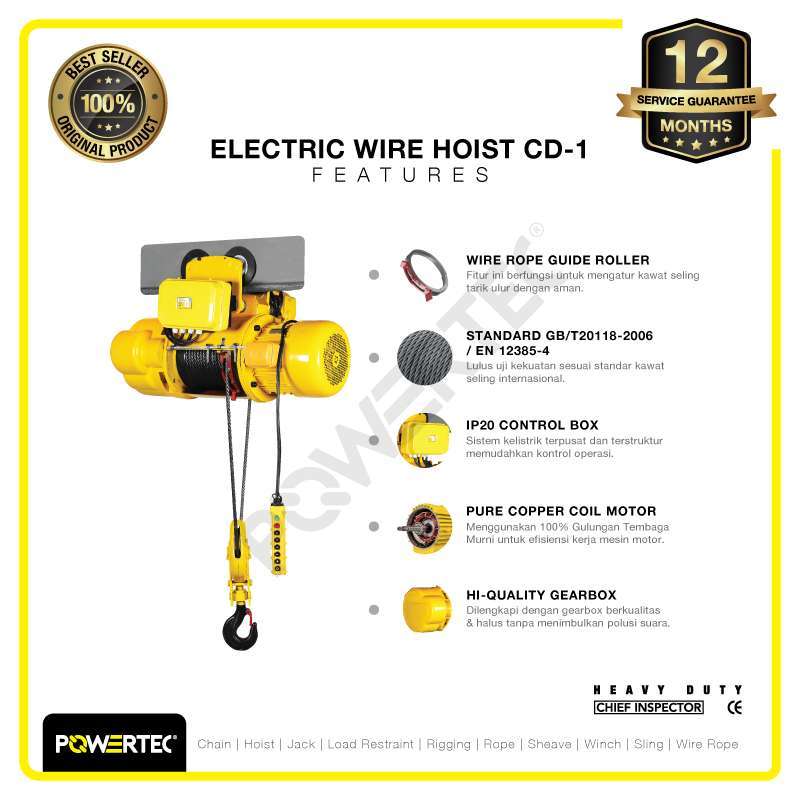 Jual Powertec Electric Wire Rope Hoist 2 Ton X 6 Meter 3 Phase Cd-1 Di ...