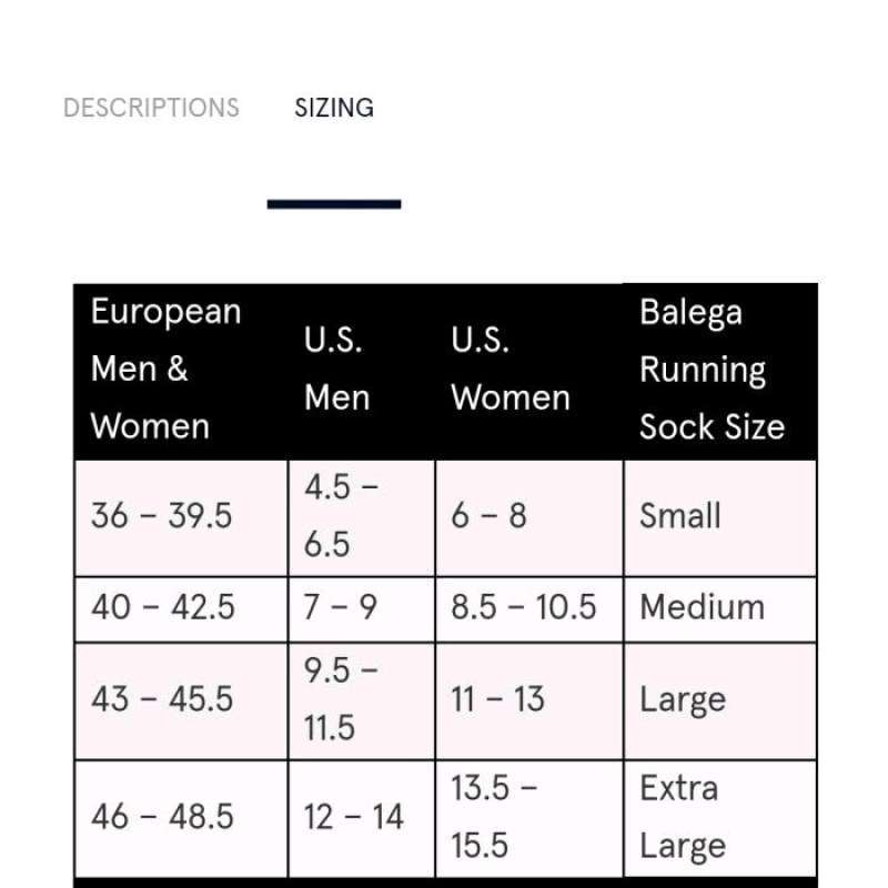 Chart Balegas Socks Jual Kaos Kaki Lari Running Balega Ultralight