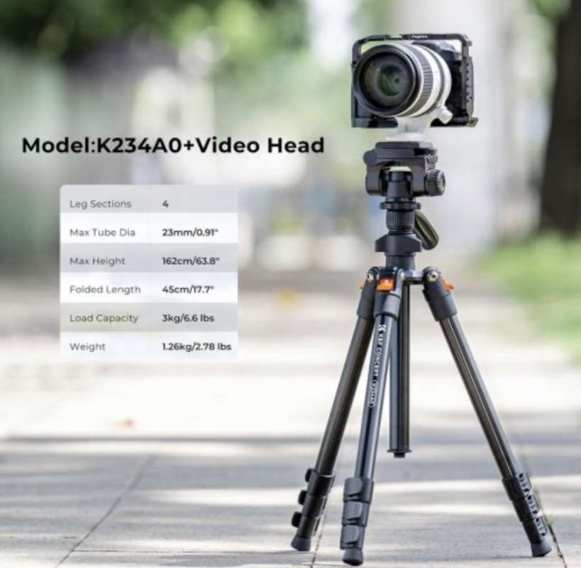 K&F Concept Video Tripod Travel K234A0 With 3way Swivel Pan Tilt Head - Technical View