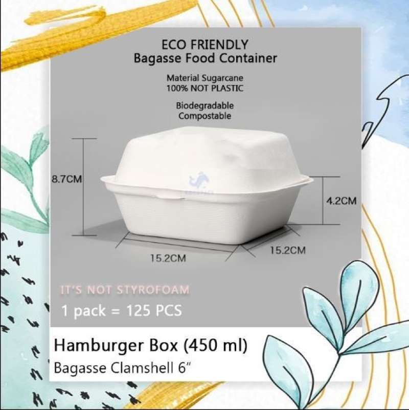 Jual Sale (25 Pcs) Bagasse Clamshell 6 450ml Burger Box Sugarcane Food ...