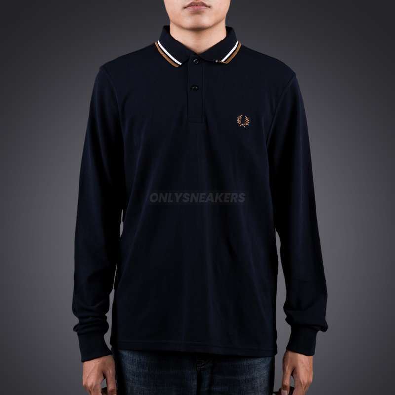 FRED PERRY TWIN TIPPED POLO WHITE BROWN NAVY LONG SLEEVE