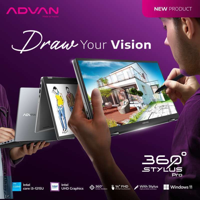 ADVAN 360 Stylush Pro Intel Core i3-1215U dengan Layar Sentuh 14 FHD, 8GB RAM, 256GB SSD, dan Gratis Stylush Pen, Ideal untuk Pelajar dan Profesional