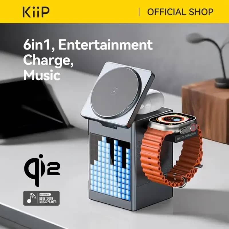 KiiP Wireless T3 6in1 Wireless Charging Station Fast Charging 15W Qi2 LED  Speaker Portable