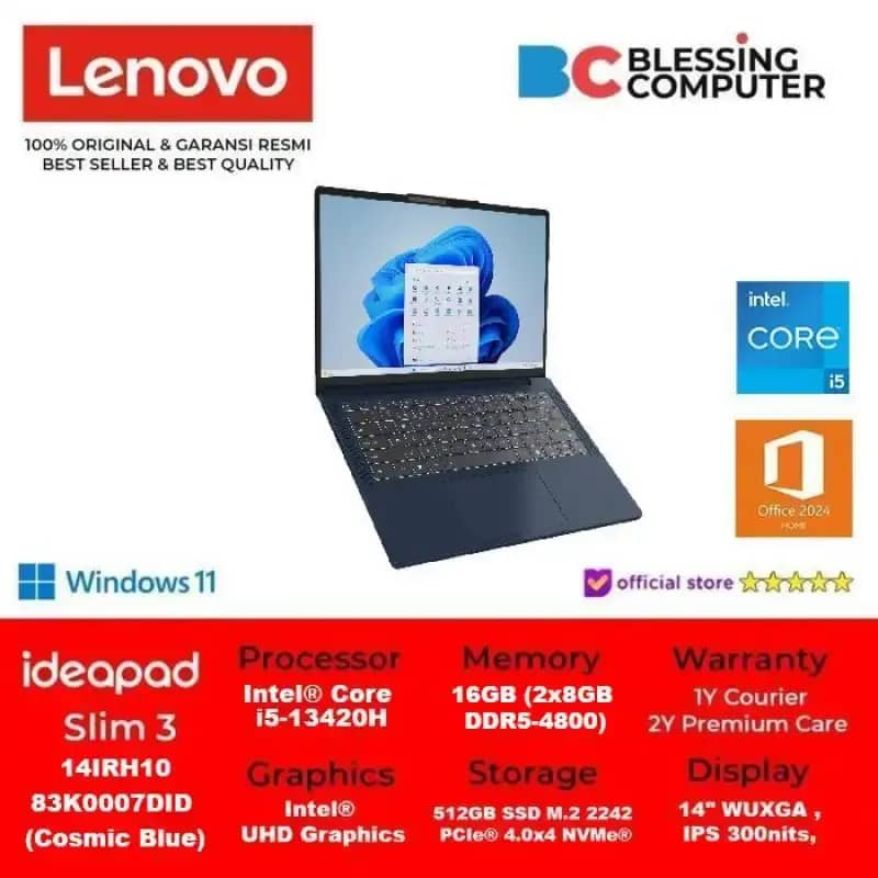 LENOVO IdeaPad Slim 14IRH10 83K0007DID Core i5 13420H 16GB 512GB W11 OHS  2024 M365 Cosmic Blue