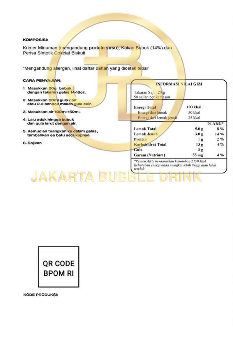 Jual Bubuk Minuman Premium PANDAN Jakarta Bubble Drink BPOM&HALAL di