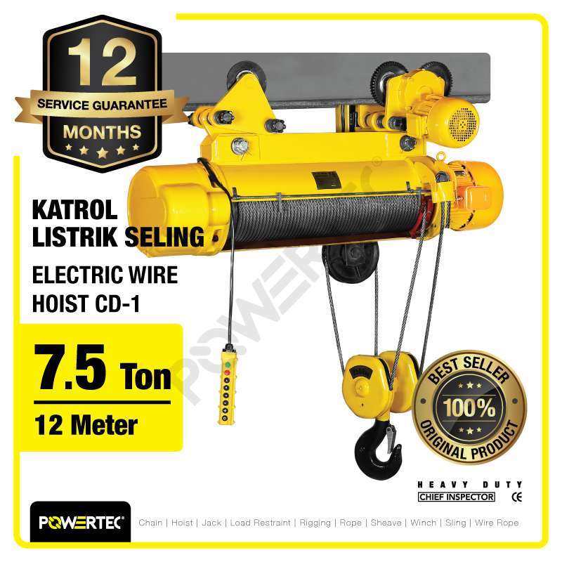 Jual POWERTEC Electric Wire Rope Hoist 7.5 Ton x 12 Meter 3 Phase CD-1 ...