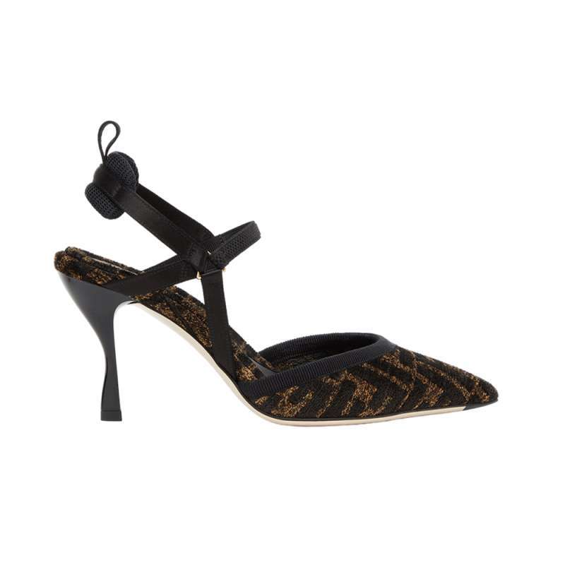 Fendi Colibri 85 Lite FF Chenille Slingback Heels Black