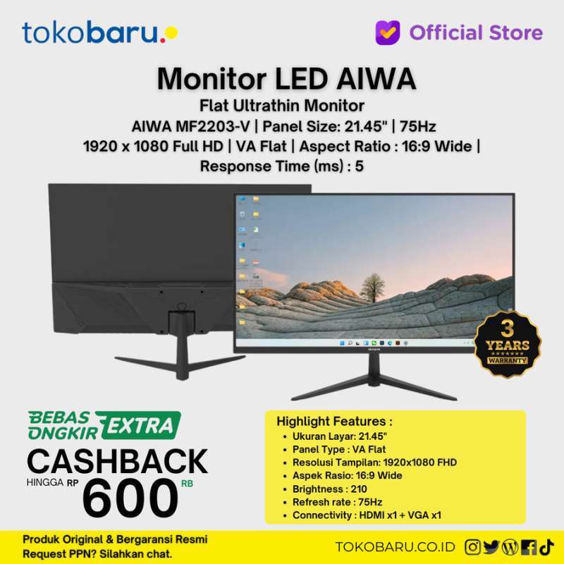 Promo Monitor Led Aiwa Mf2203-v 22 1080p Fhd 75hz Vga Hdmi Flat Slim ...