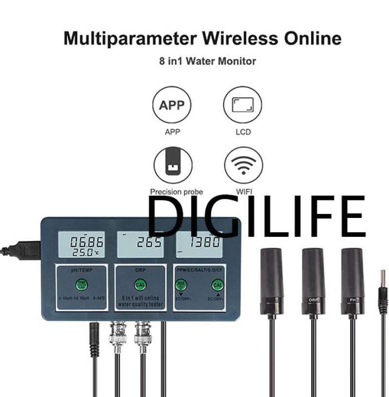 Jual Wifi Online Water Quality Monitor 8in1 Ph Tds Ec Cf Orp Salt Sg ...