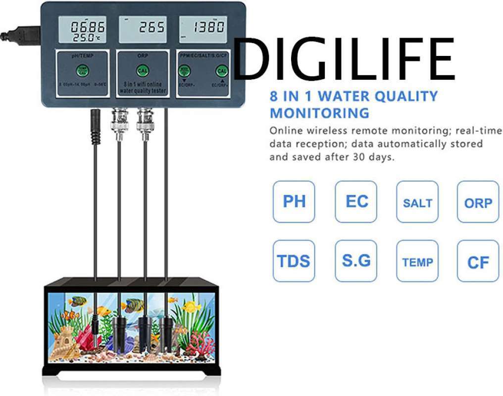 Jual Wifi Online Water Quality Monitor 8in1 Ph Tds Ec Cf Orp Salt Sg ...