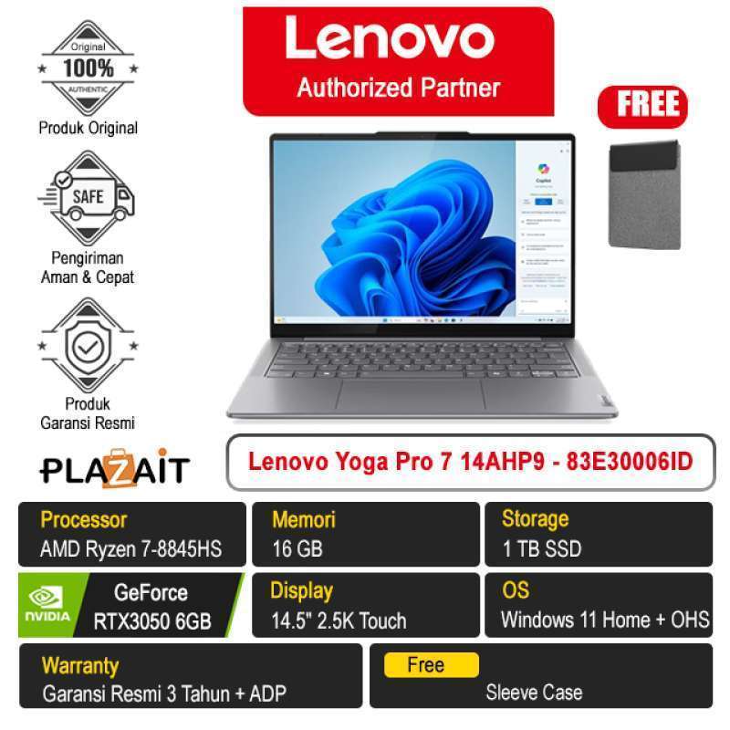 Laptop Lenovo Yoga Pro 14AHP9 – 83E30006ID /AMD Ryzen 7-8845HS/16GB/1TB  SSD/RTX3050 Touch/Win 11 Home+OHS 2021/Luna Grey/3Y