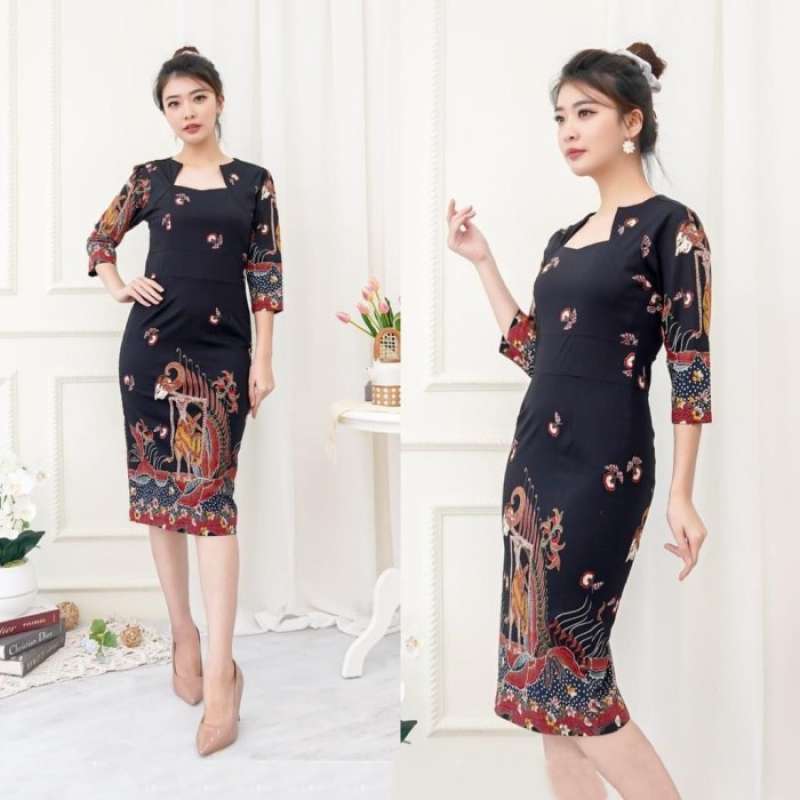 Midi Dress Batik Wanita Hitam Modern Long Dress Bodycon Kerja Etnik JP