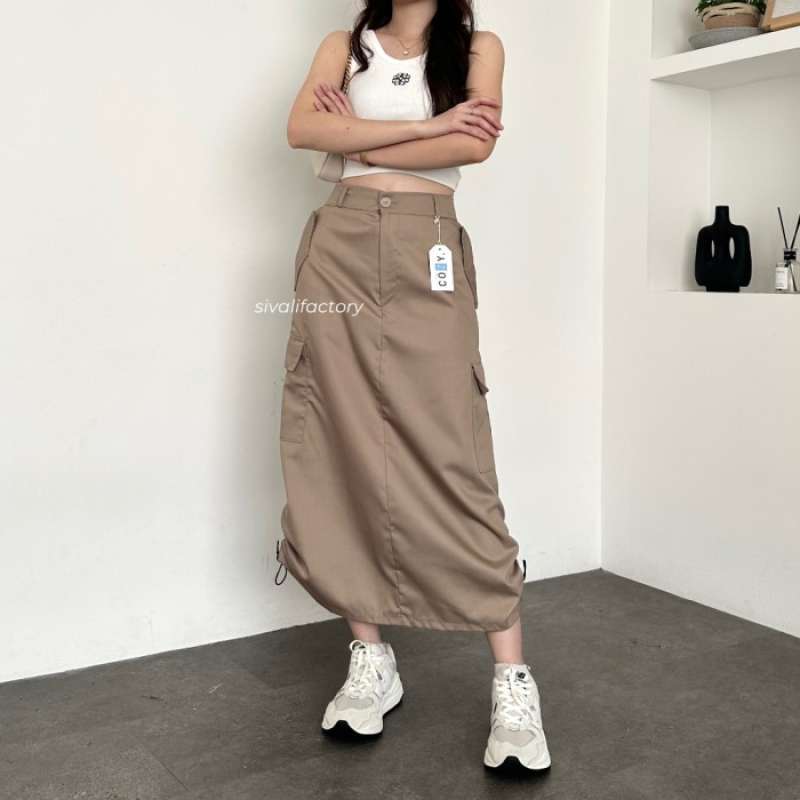 Jual Taylor Cargo Skirt Rok Kargo Serut Wanita Pocket Long Skirt Maxi ...