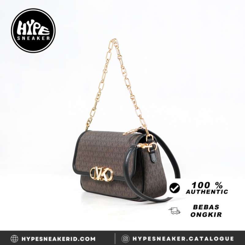 Tas MICHAEL KORS MK GOLD LOGO FLAP MONOGRAM BROWN BLACK SHOULDER BAG 100 ORIGINAL