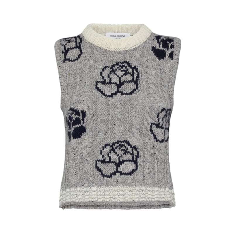 Promo Thom Browne Donegal Cable Check And Rose Knit Vest Grey