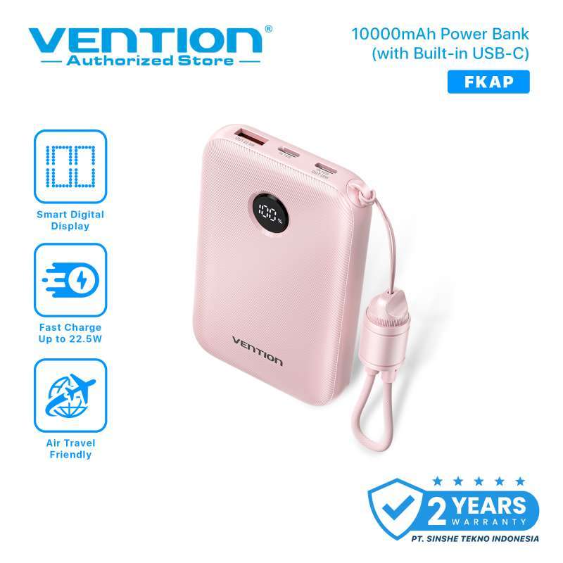 Vention Powerbank 10000mAh Built in Cable Fast Charging Dual Port  USB-C USB-A for iPhone Android