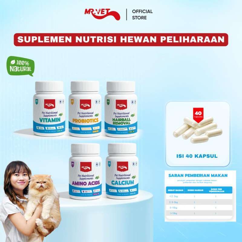 MR VET Suplemen Nutrisi Anjing Kucing Hewan 40 Kapsul Fish Oil Calcium  Kalsium Vitamin Imun Probiotik Probiotic Pencernaan Amino Acid Hairball  Removal