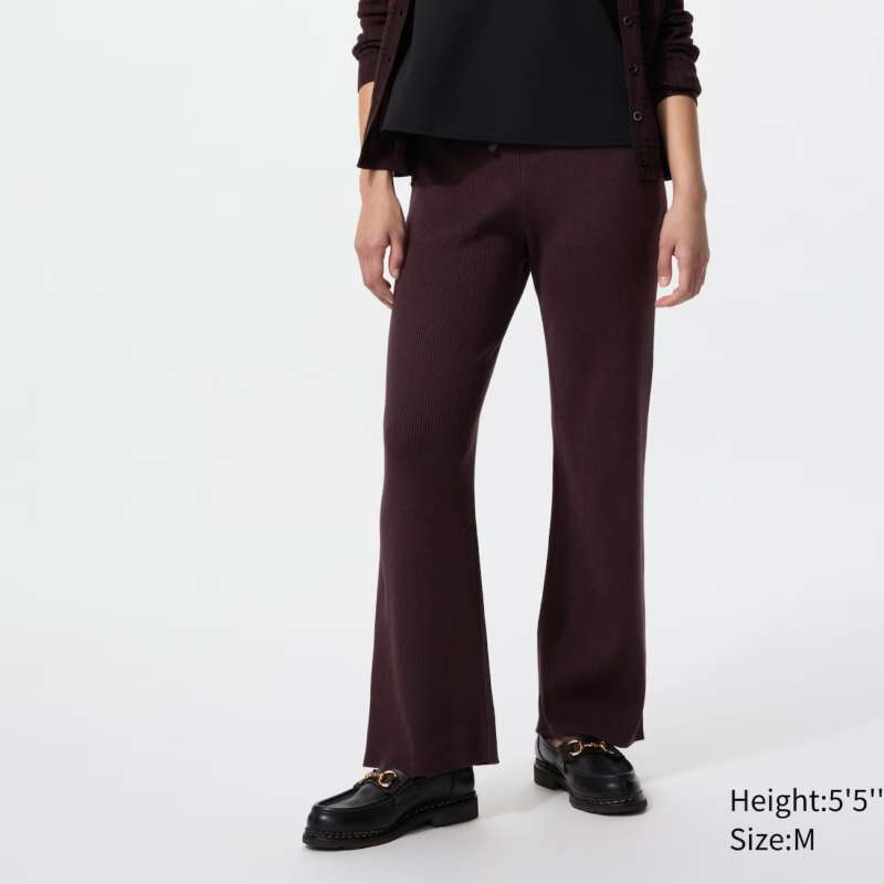 UNIQLO Celana panjang wanita Rajut Ribbed Washable Knit Ribbed Pants maroon  wine