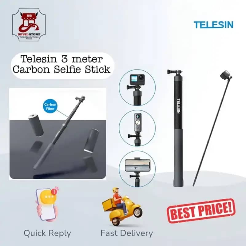 Telesin Meter Carbon Fiber Invisible Selfie Stick Tongsis 3m carbon  Tongkat Selfie Panjang Bahan Kokoh