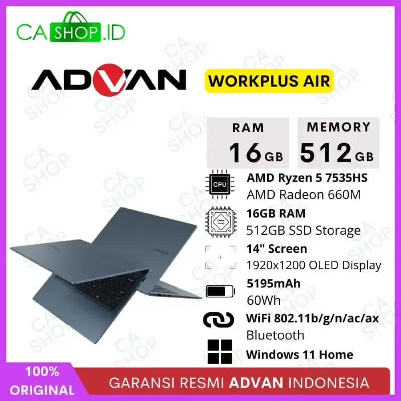 Advan Workplus Air Laptop untuk Profesional dan Pelajar dengan RAM 16GB, Layar OLED 14, SSD 512GB, dan Prosesor Ryzen 5. Cocok untuk Kreativitas