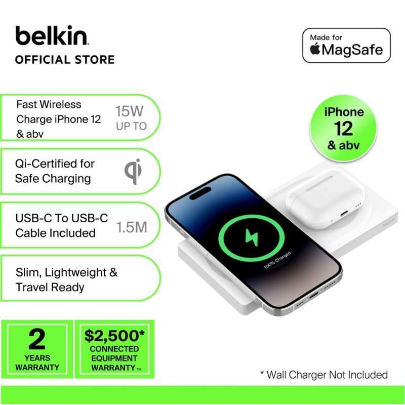 Belkin WIZ019bt White BoostCharge Pro 2-in-1 Wireless Charging Pad with  MagSafe 15W (Iphone15/14/13/12, Airpods)