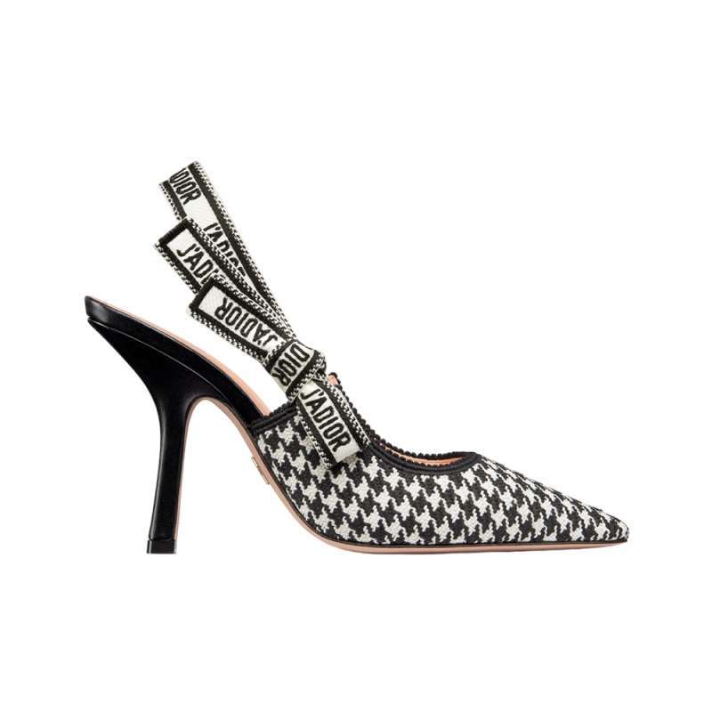 Christian Dior Slingback Pump Heels Embroidered Micro Houndstooth Black White