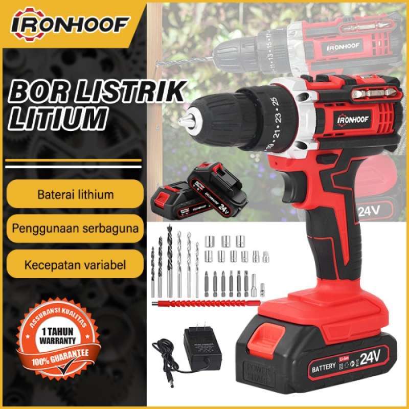 Promo IRONHOOF Mesin Bor Listrik Bor Baterai Bor Tanpa kabel 24V Set ...