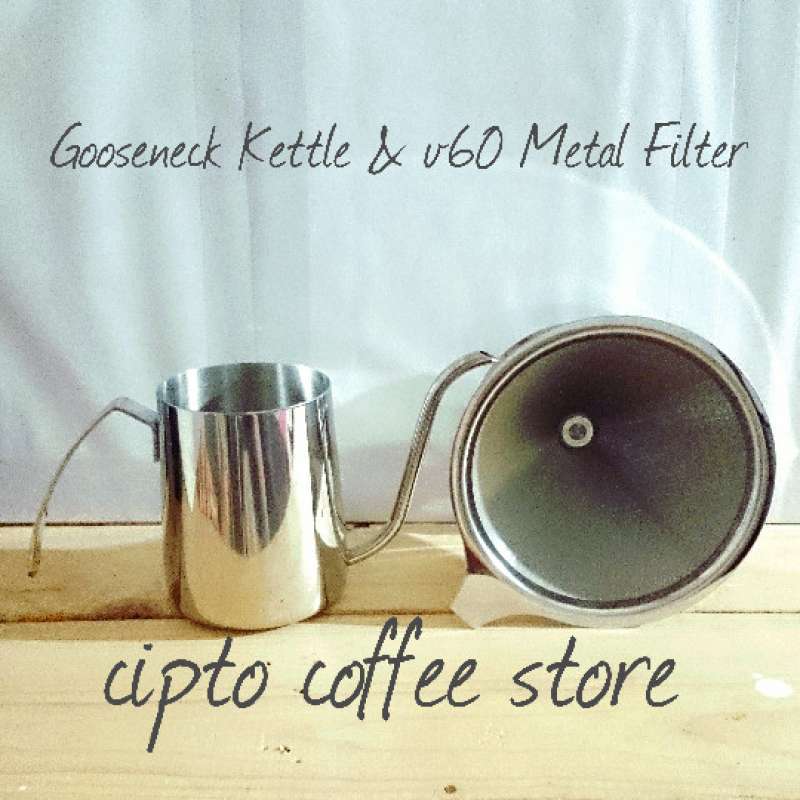 Promo Paket driper cone v60 metal filter & gooseneck teko kopi leher