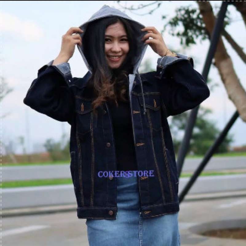 Jaket Jeans Oversize Wanita Ariel Navy Hoodie Abu