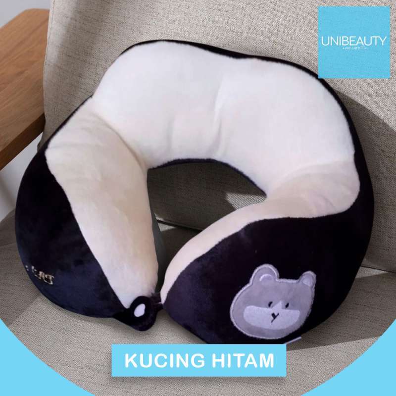 Bantal Leher Travel Motif Hewan Empuk Lembut Imut (Headrest Bantal  Sandaran Pesawat Kereta Bis Bus Kantor) Kucing Hitam