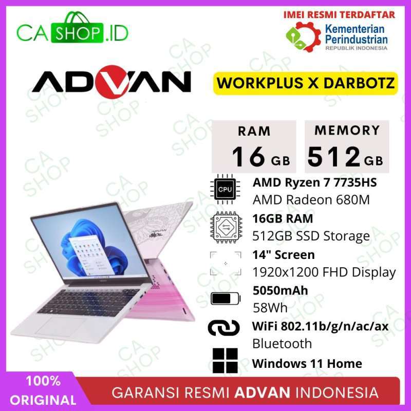 Laptop Advan Workplus x Darbotz dengan Layar 14 FHD, Ryzen 7, dan RAM 16GB untuk Profesional, Cocok bagi Konten Kreator dan IT dengan Desain Ringan