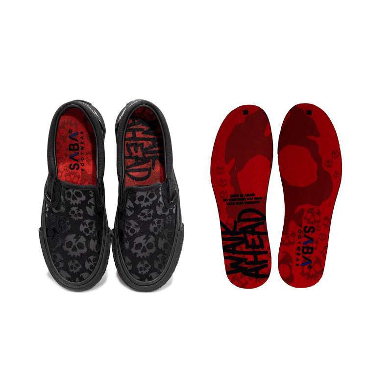 SABA Slip On Skull Head All Black Sepatu Lokal Sneakers Casual Pria Wanita