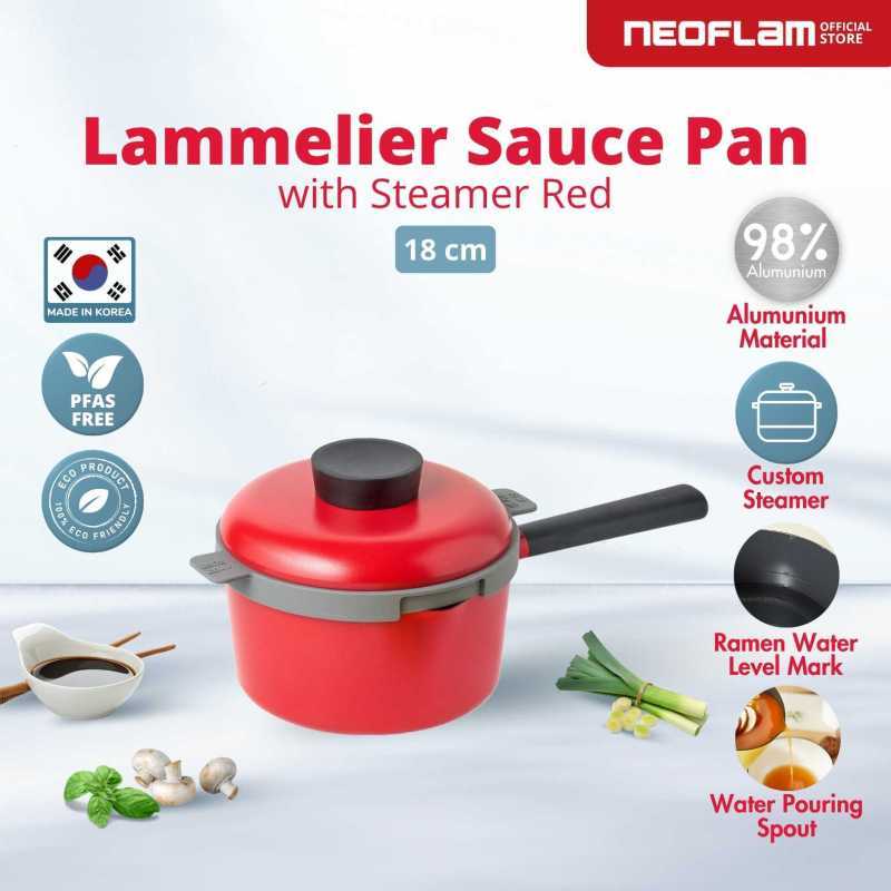 NEOFLAM Lammelier 18cm Ramen Pan Red With Steamer and Lid Panci Ramen  Dengan Kukusan Anti Lengket Ceramic Coating