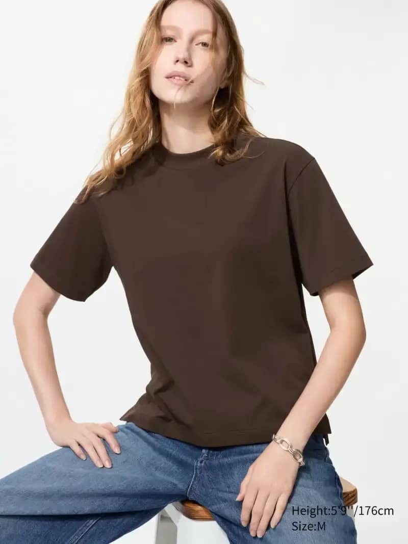 UNIQLO AIRism Cotton T-Shirt Katun wanita lengan pendek Brown