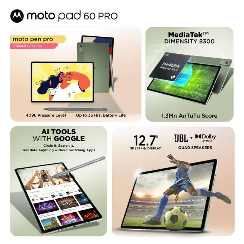 Lenovo MotoPad 60 PRO ZAG20006ID dengan RAM 8GB, Layar Sentuh 12.7 3K 144Hz, dan Baterai 10200mAh. Ideal untuk Pengguna Aktif dan Profesional Kreatif