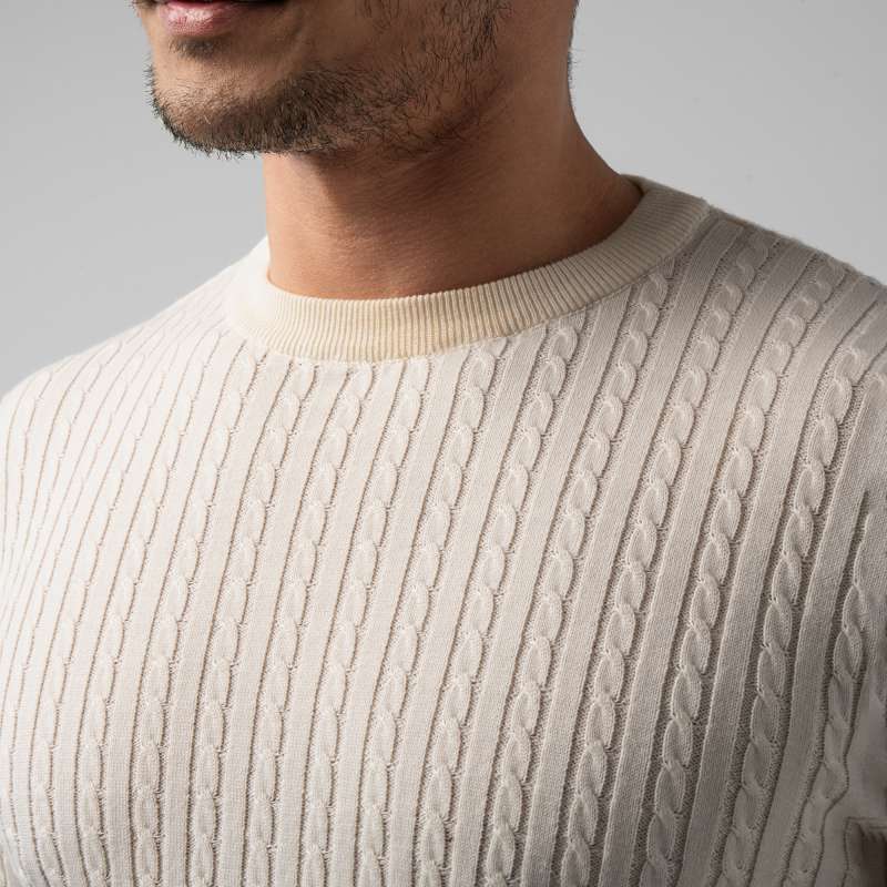 VENGOZ Sweater Rajut Pria Premium Mens Cable Knit Cotton Sweater Off  White LS