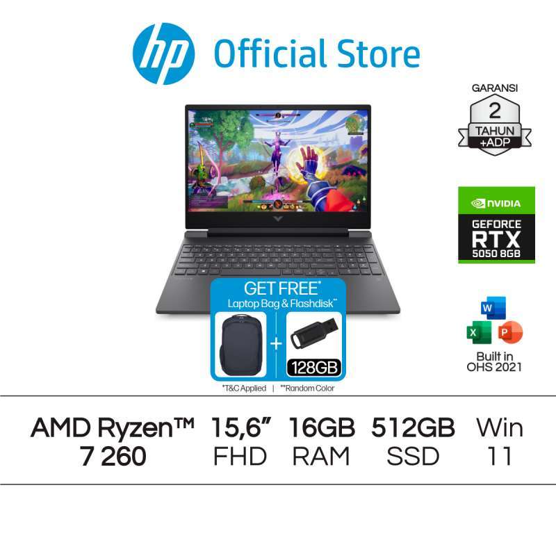 Victus Laptop Gaming HP AMD Ryzen NVIDIA GeForce RTX 5050 16GB RAM 512GB  SSD Silver Free Windows 11 Home Inch 144Hz Garansi Tahun Official