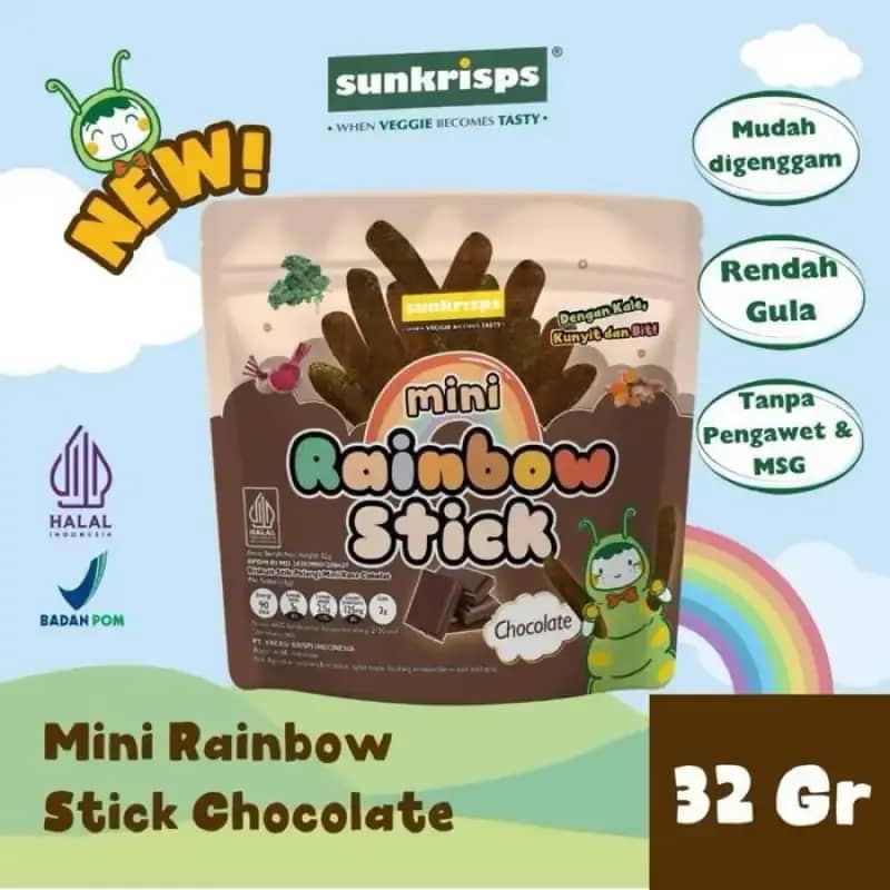 Rainbow Stick 32gr Mini Stik Pelangi Rasa Beef BBQ Coklat Veggie Cheese  Sunkrisps Cemilan Anak Sehat Snack, Rasa Chocolate