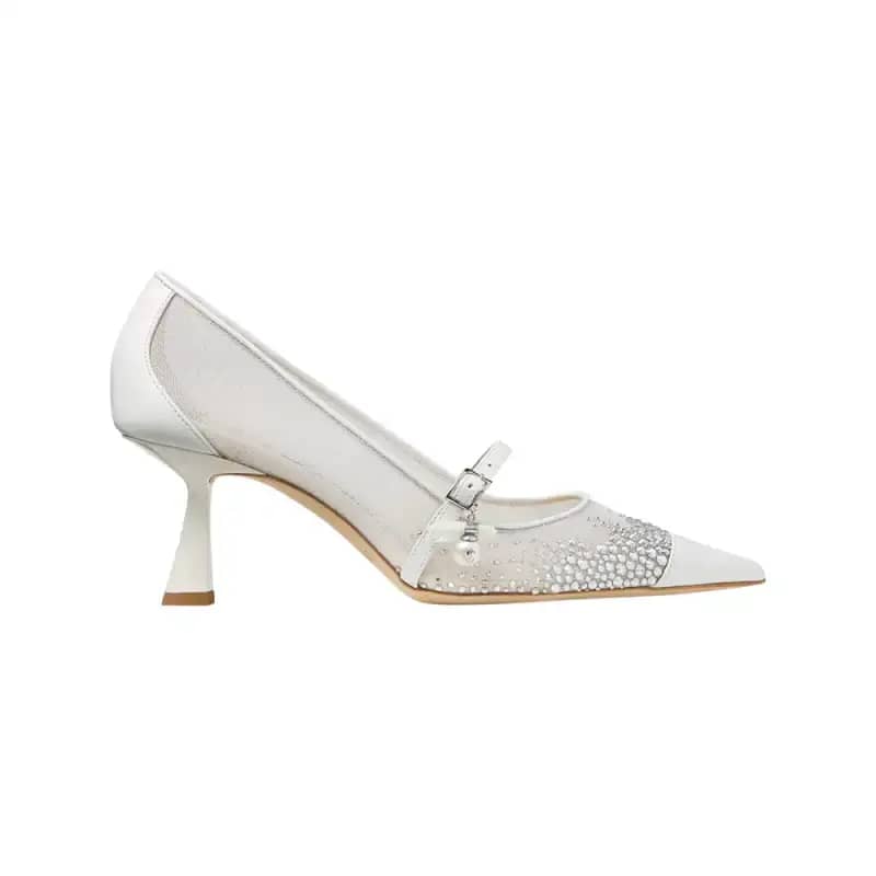Jimmy Choo Aren 65 White Crystal Mesh Pumps with Pearl Charm