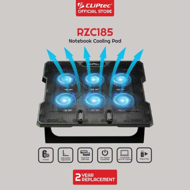 CLIPtec RZC185 Cooling Pad Ergonomis dengan 6 Kipas Silent dan Penyesuaian Kecepatan, Double Height Adjustment, untuk Laptop hingga 18 Ideal