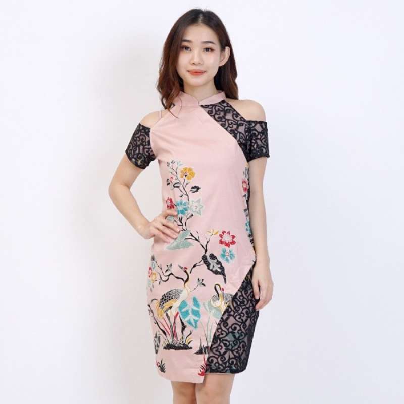 Baju batik Wanita Dress Batik Wanita Cheongsam Brukat Size M dan L Pink M