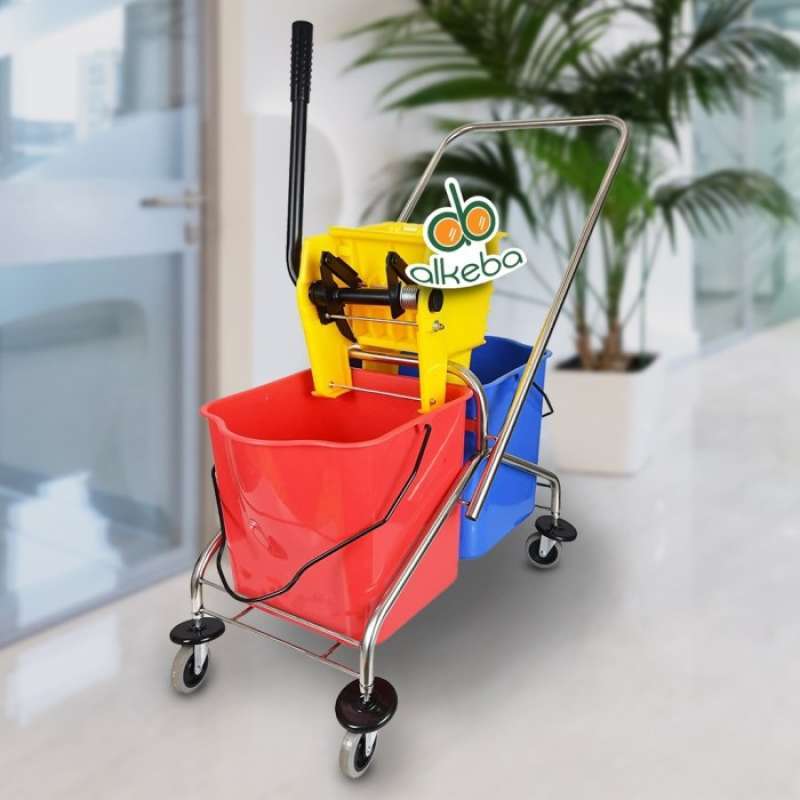 Promo Double Bucket Stainless 50 Liter Cleaning Service With Press Mop