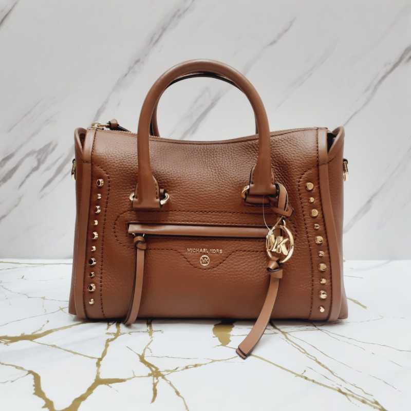 Leather Purse Carine Small Studded Pebbled Leather Satchel MICHAEL