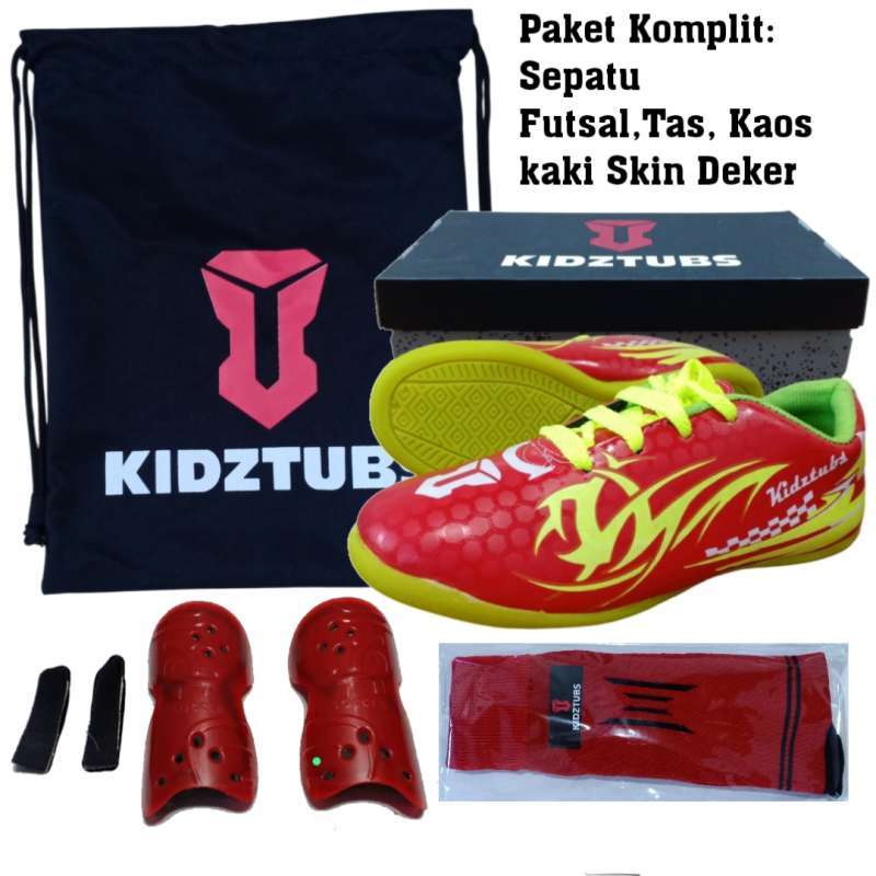 KIDZTUBS Sepatu Futsal Anak Paket Komplit Sepatu Futsal Tas Skin Deker Kaos  Kaki Usia 6-10 Tahun Size 28 29 30 31 32 33 34 35 36 37 KDZ1827020325