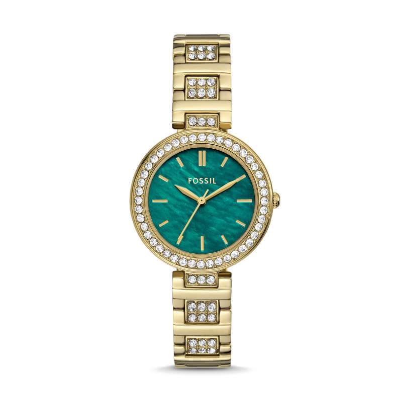 Fossil Karli Three-Hand Green Dial Gold Strap Stainless Steel Watch 34mm  Jam Wanita BQ3985